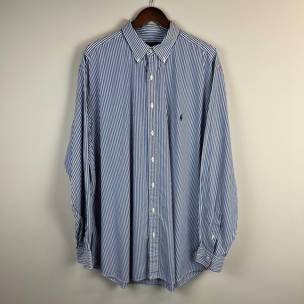 Ralph Lauren Shirt Men 2XLT Blue Stripe Button Down Long Sleeve Pony Logo Preppy